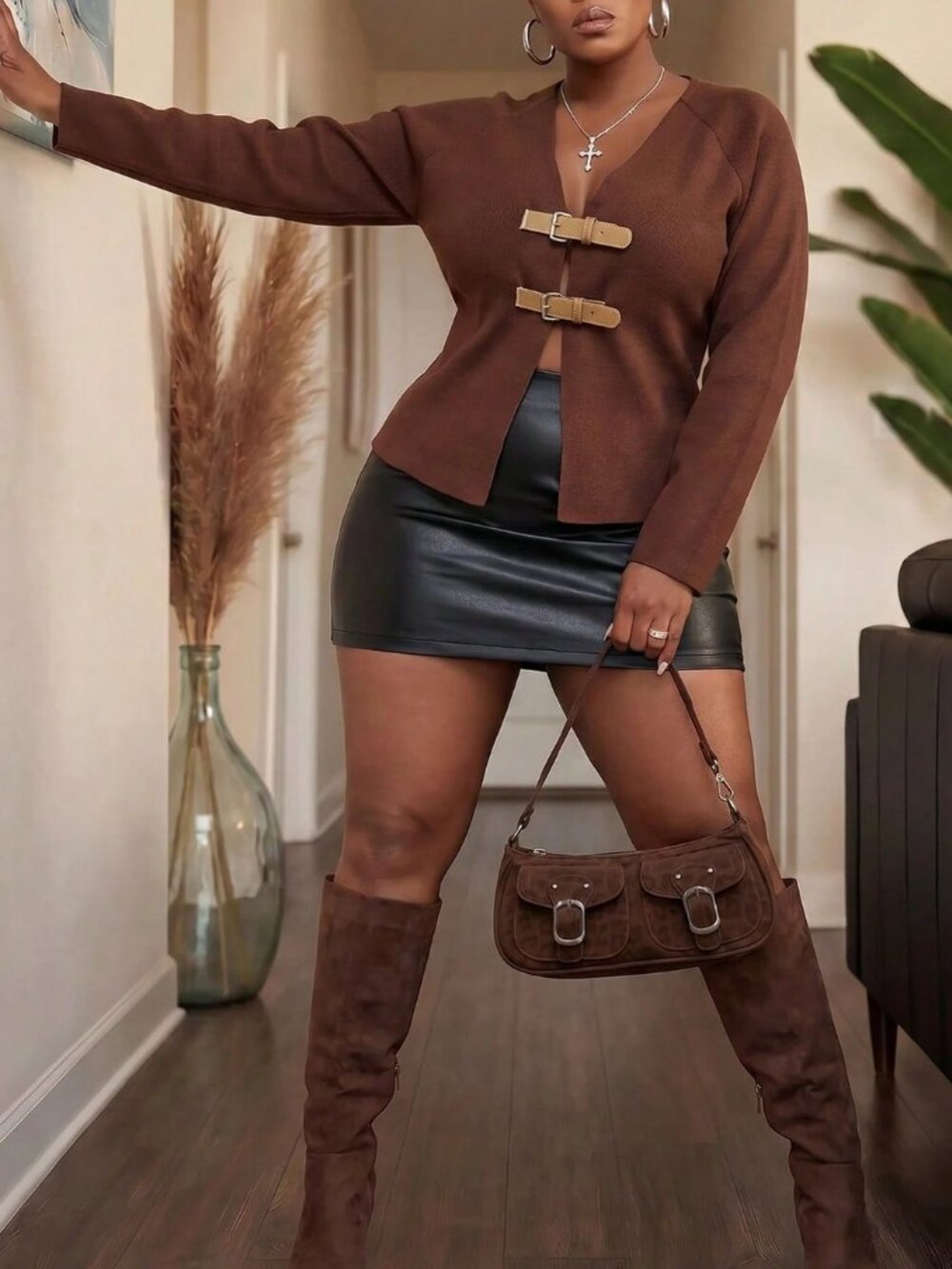 Coffee Brown Casual Women's Versatile Long Sleeve sweater Cardigan